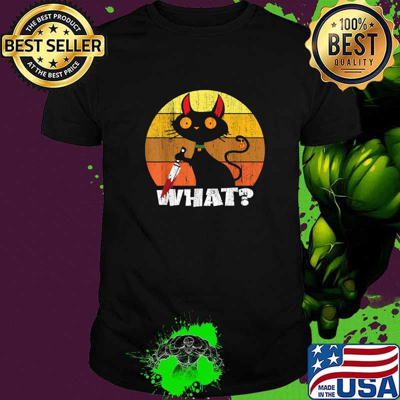 Cat What Funny Black Cat Murderous Cat With Knife Vintage Sunset T-Shirt