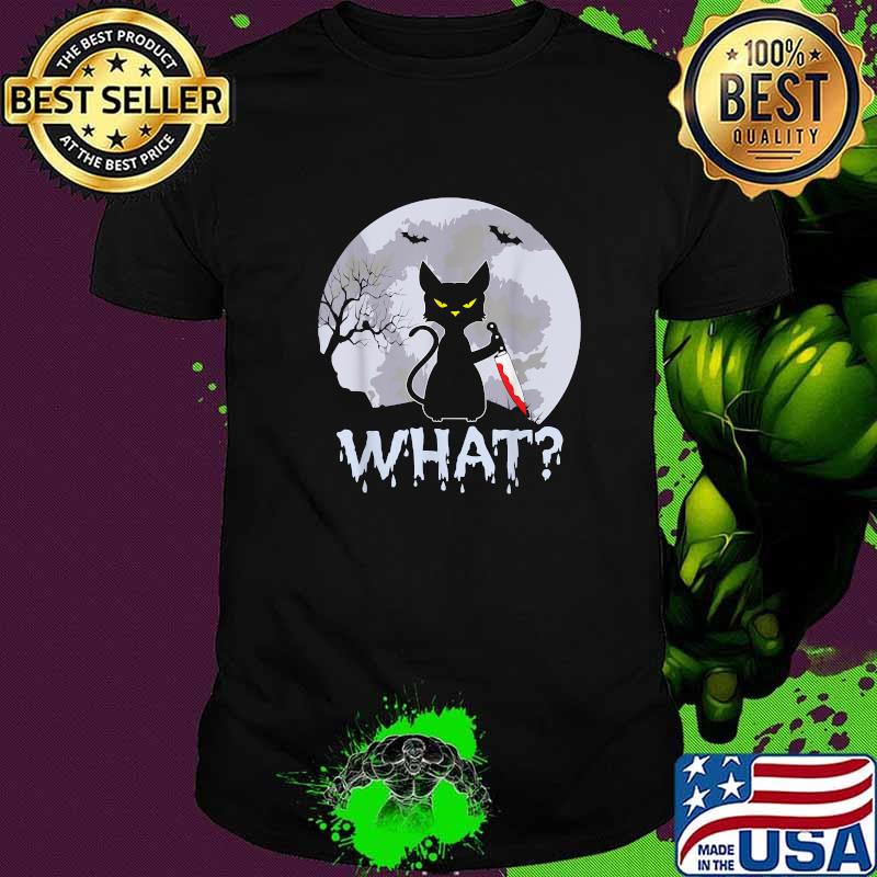 CAT WHAT Murderous Black Cat with Knife Halloween Costume T-Shirt