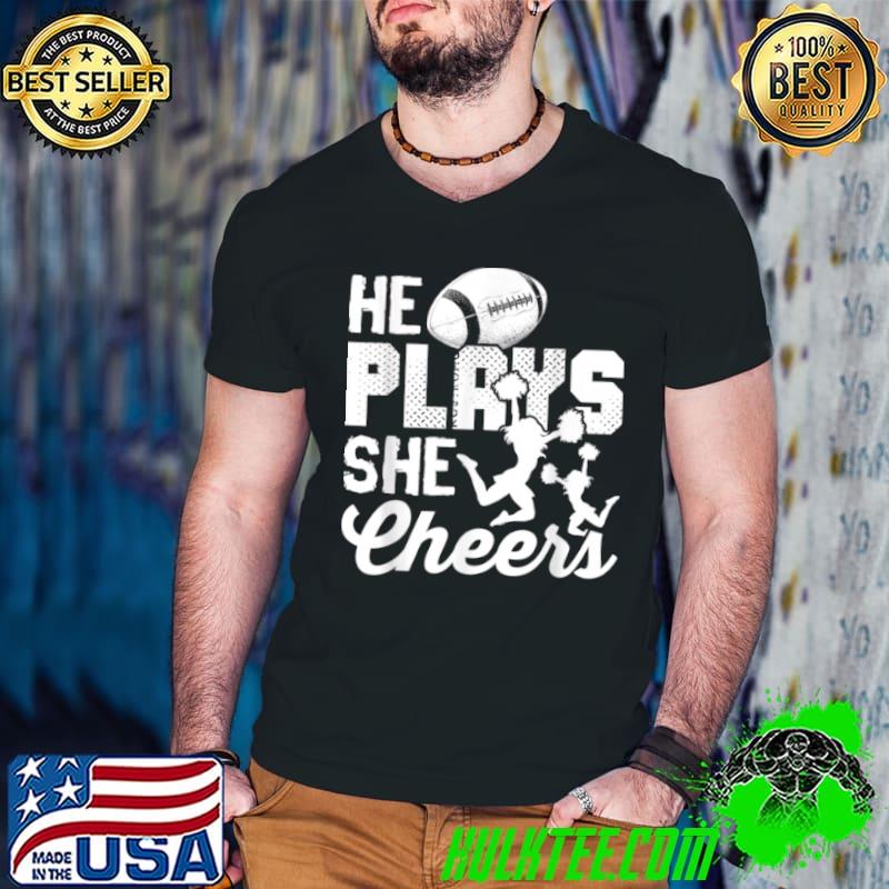 Cheerleading Football Cheer Mom He Plays She Cheers Shirt Guys V Neck Cheerleading Football Cheer Mom He Plays She Cheers Shirt Guys V Neck