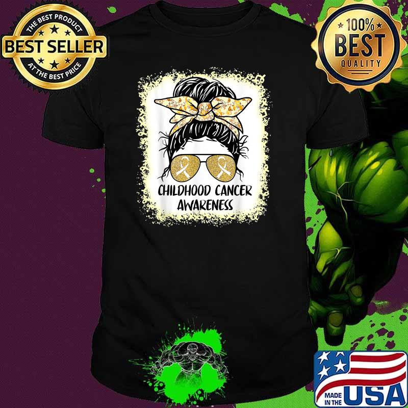 Childhood Cancer Awareness Floral Gold Ribbon Messy Bun T-Shirt