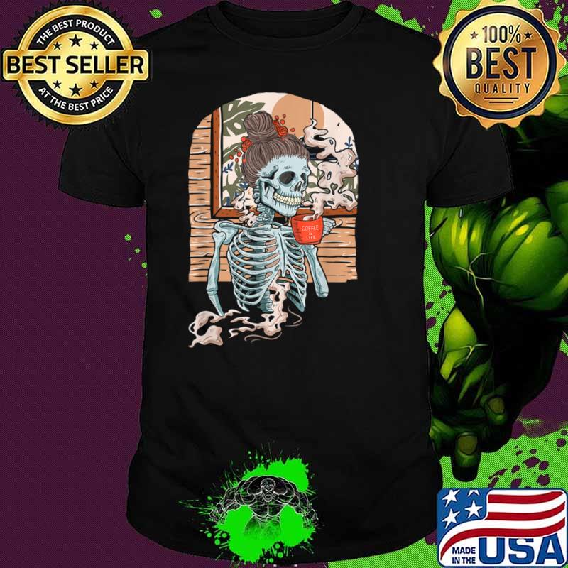 Coffee Skeleton Halloween Vintage Distressed Drinking Skull Shirt