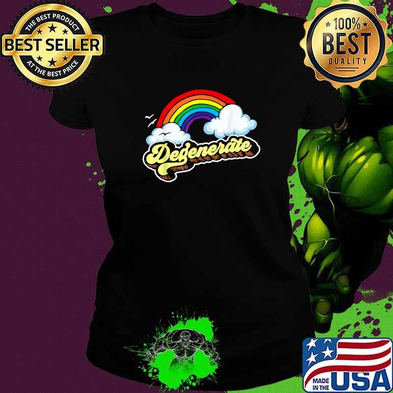 Degenerate! Sarcastic Retro 80s Vintage Rainbow Design T-Shirt Ladies tee Degenerate! Sarcastic Retro 80s Vintage Rainbow Design T-Shirt Ladies tee