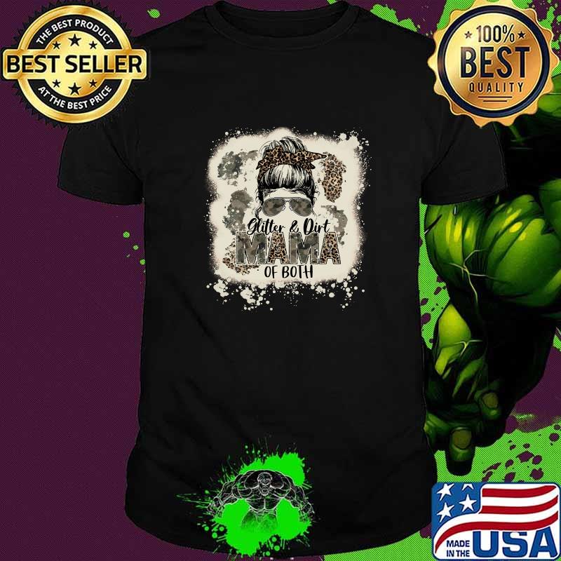 Glitter & Dirt Mama Of Both Leopard Camo Messy Bun Bleached T-Shirt