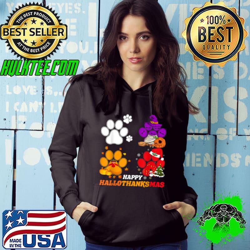 Happy Hallothanksmas Dog Paw Santa Witch Givethanks Xmas Shirt