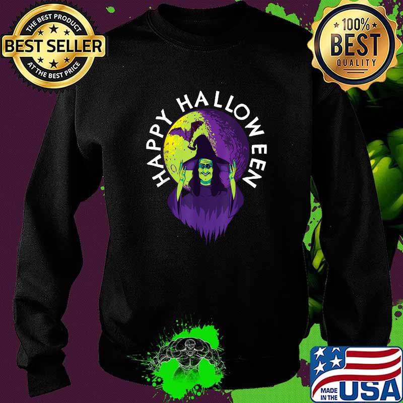 Happy Halloween Spooky Witch and Vampire Bat in Full Moon T-Shirt Sweater Happy Halloween Spooky Witch and Vampire Bat in Full Moon T-Shirt Sweater