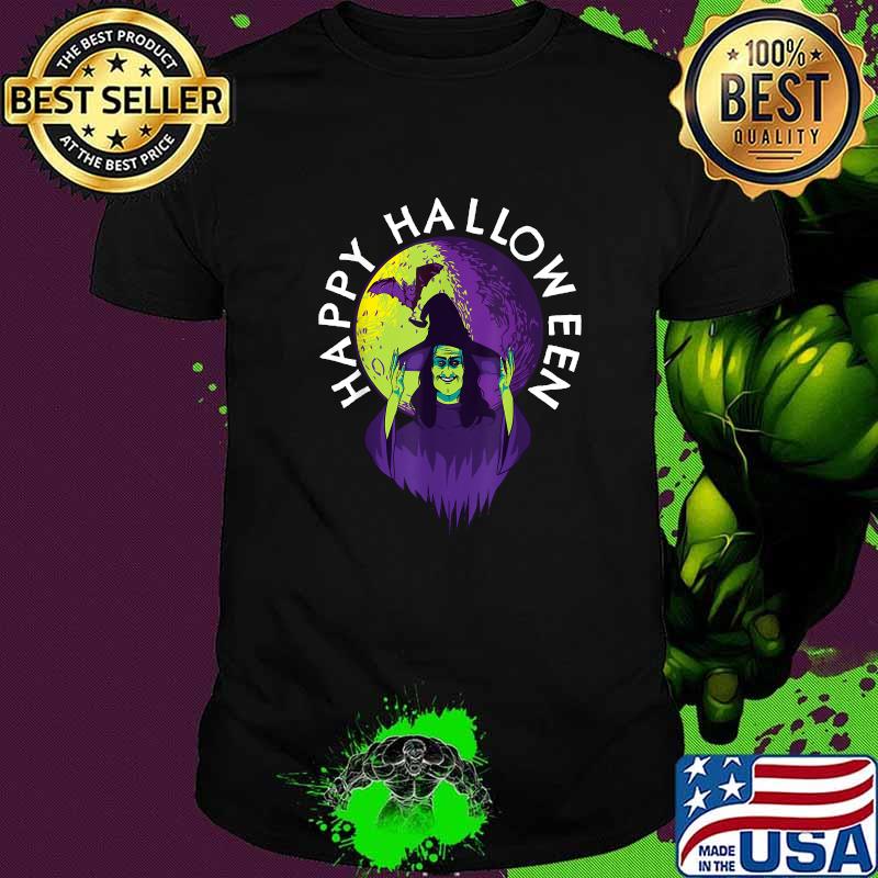 Happy Halloween Spooky Witch and Vampire Bat in Full Moon T-Shirt Happy Halloween Spooky Witch and Vampire Bat in Full Moon T-Shirt