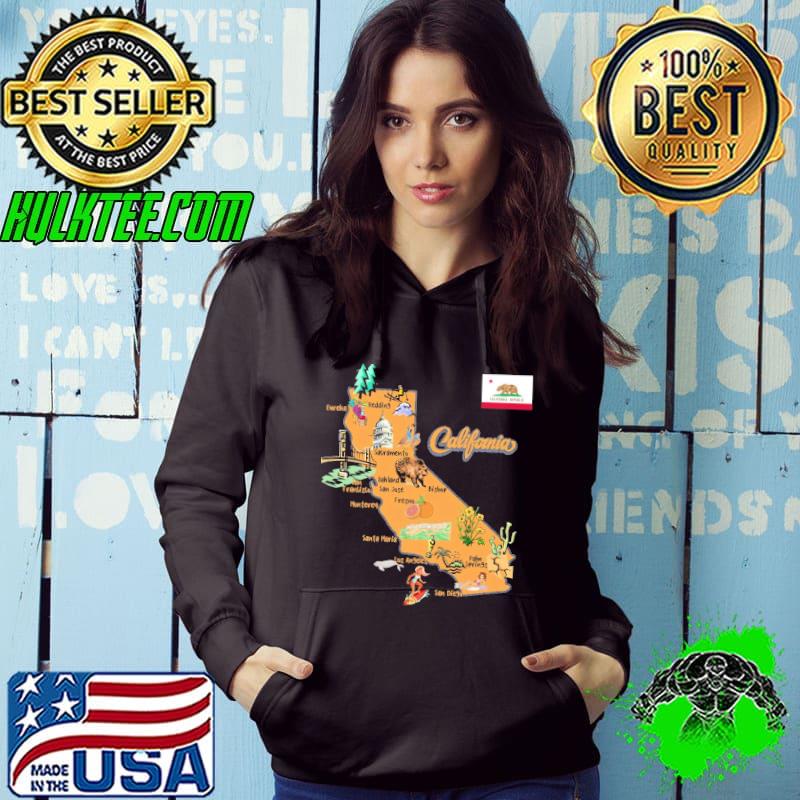 Illustrated map of California, attractions, landmarks, the major cities, USA T-Shirt
