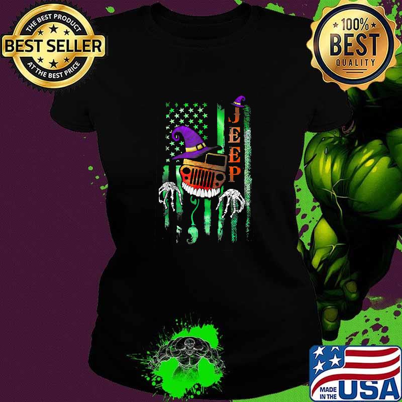 Jeep Skeleton Witch American Flag Happy Halloween T-Shirt Ladies tee Jeep Skeleton Witch American Flag Happy Halloween T-Shirt Ladies tee