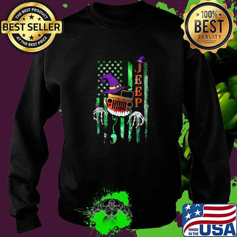 Jeep Skeleton Witch American Flag Happy Halloween T-Shirt Sweater Jeep Skeleton Witch American Flag Happy Halloween T-Shirt Sweater