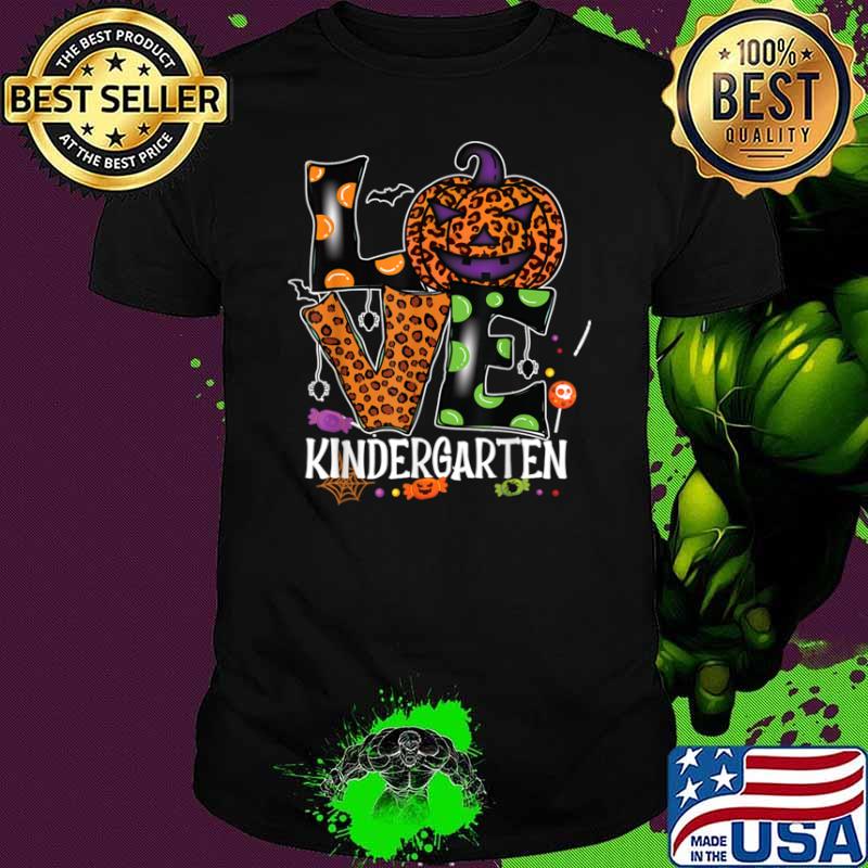Love Kindergarten Teacher Leopard Pumpkin Halloween Shirt