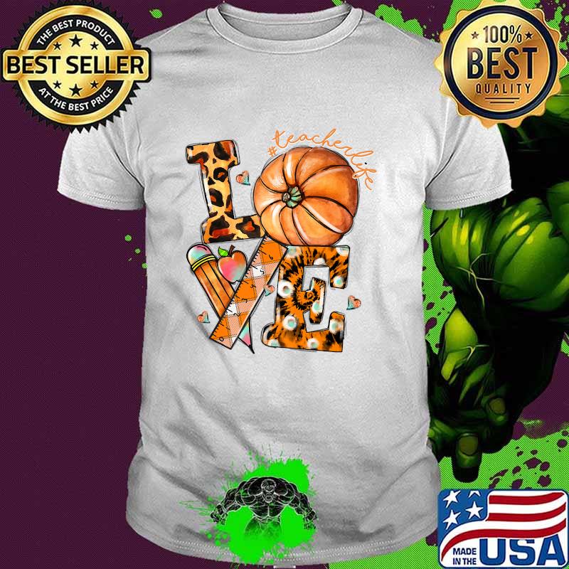 Love Leopard Fall Vibes Thanksgiving Teacher Life Pumpkin T-Shirt