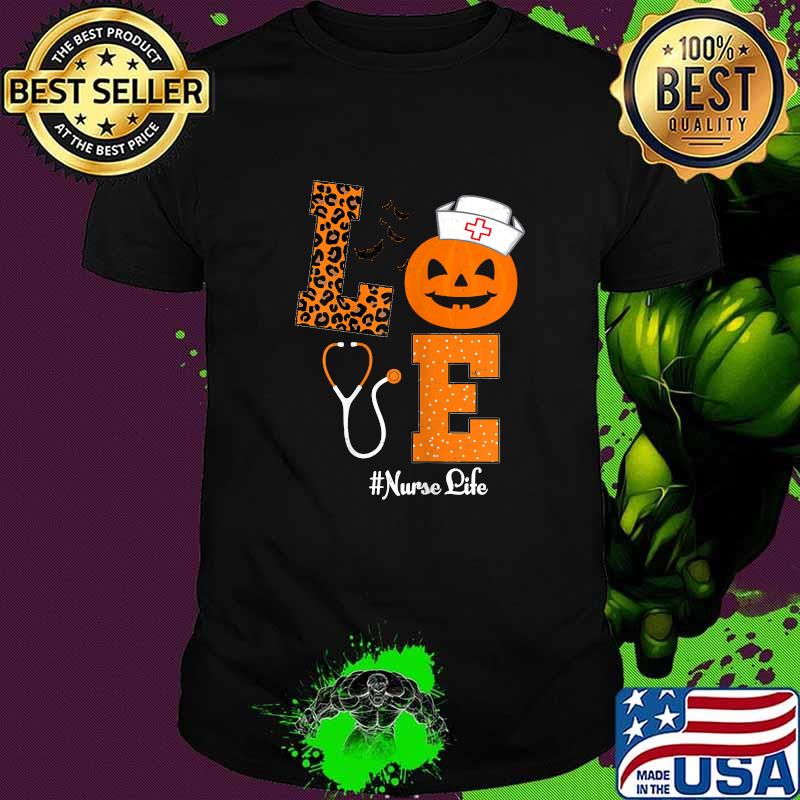 Love Nurse Life Pumpkin Leopard Fall Halloween Nurses Women T-Shirt