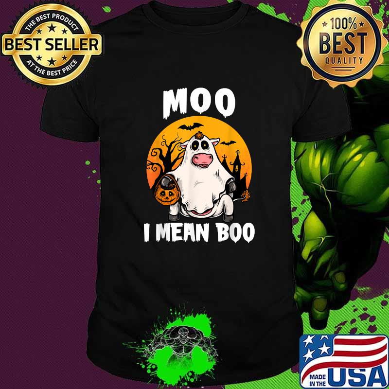 Moo I Mean Boo Ghost Cow Moon Pumpkin Halloween T-Shirt