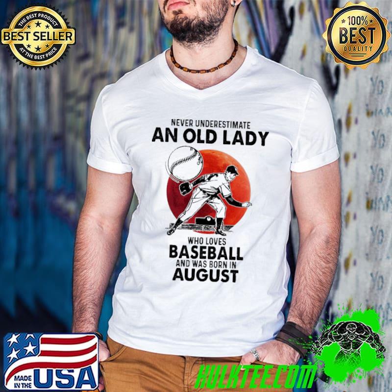 Never underestimate an old lady who loves baseball and was born in August blood moon s Guys V Neck Never underestimate an old lady who loves baseball and was born in August blood moon s Guys V Neck