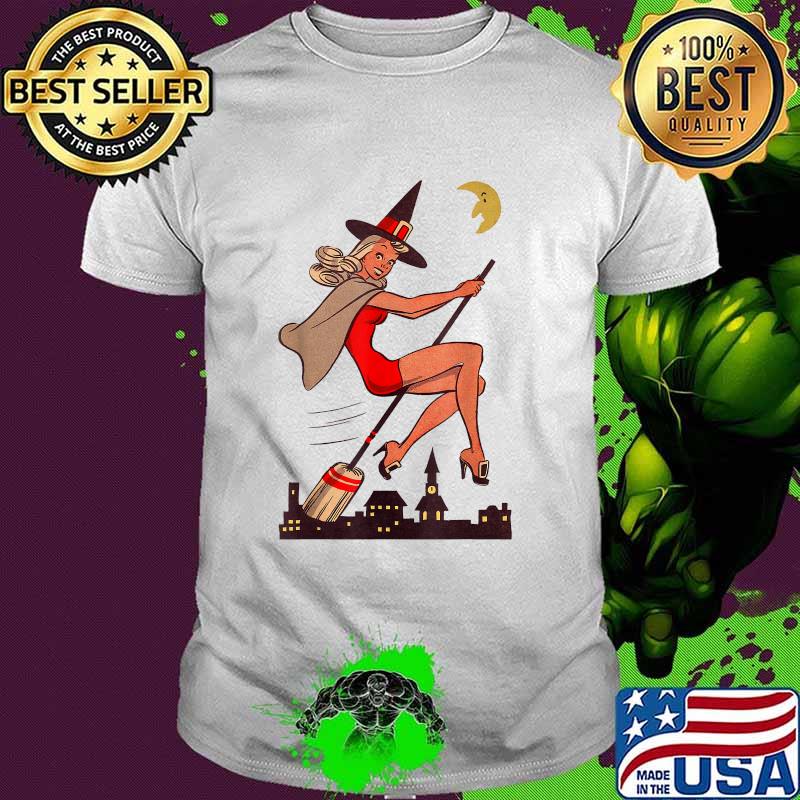 Pin up Witch Halloween Sexy Pinup Girl Witches Broom T-Shirt