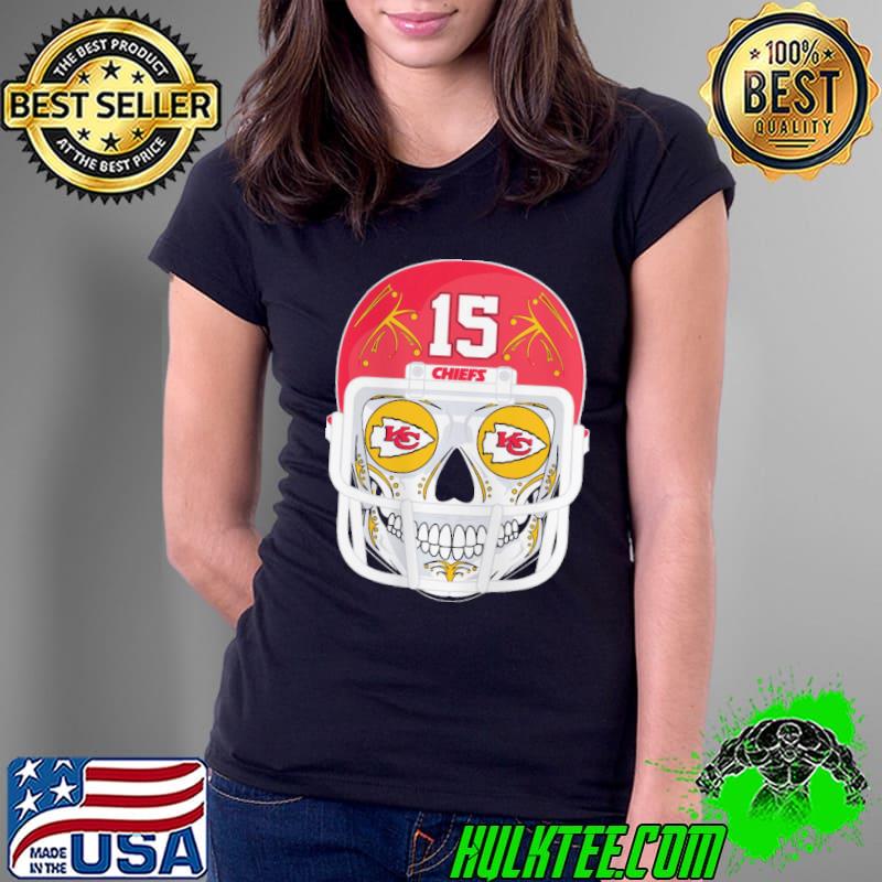 Skull wear helmet football team chiefs eyes with kansas city chiefs logo s Ladies Tee Skull wear helmet football team chiefs eyes with kansas city chiefs logo s Ladies Tee