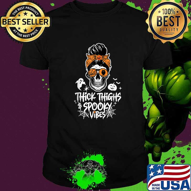Thick Thighs & Spooky Vibes Skull Messy Bun Halloween T-Shirt