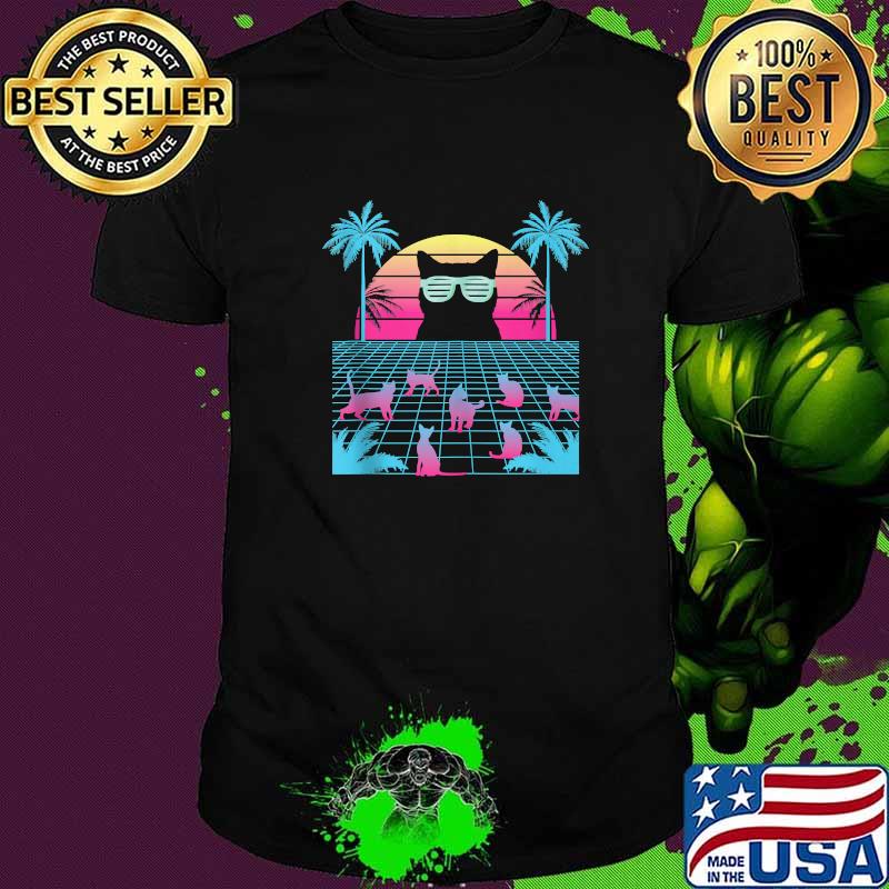 Top vaporwave Retro Sunset Cat Slot Glasses T-Shirt