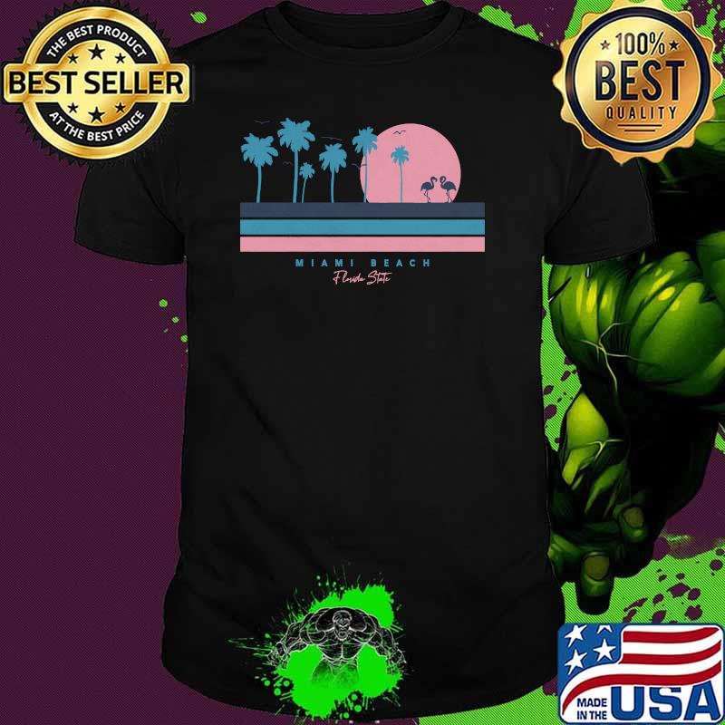 Vintage Retro Style Sunset Flamingo Palm Tree Miami Beach T-Shirt