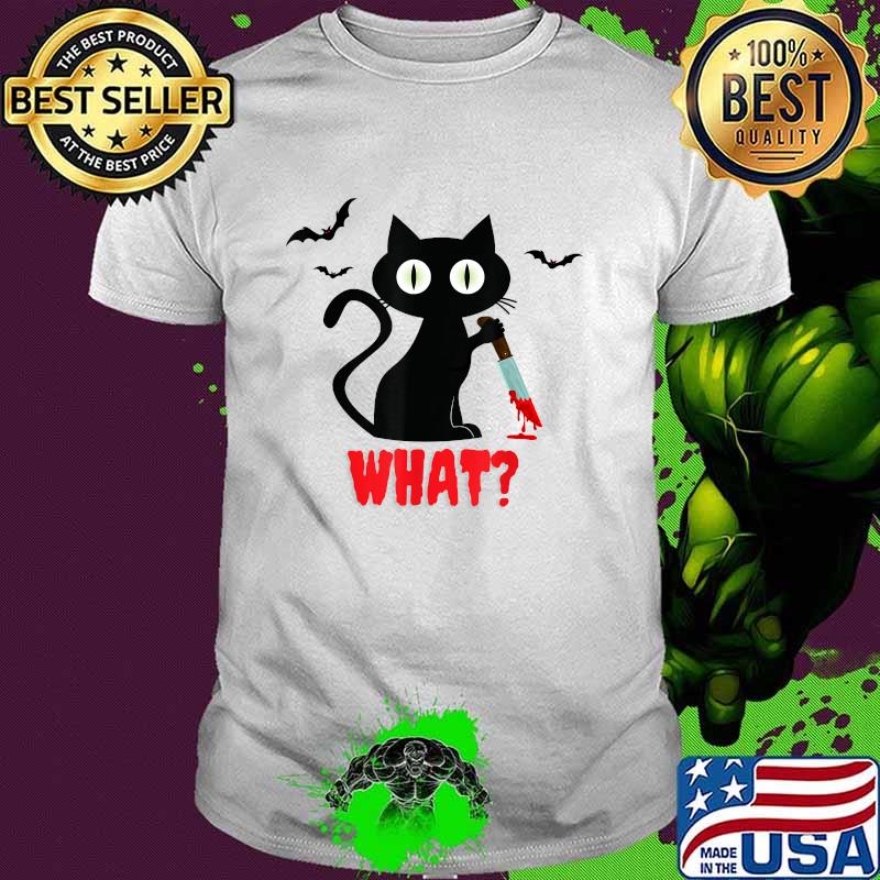 What Black Cat with Knife Halloween T-Shirt