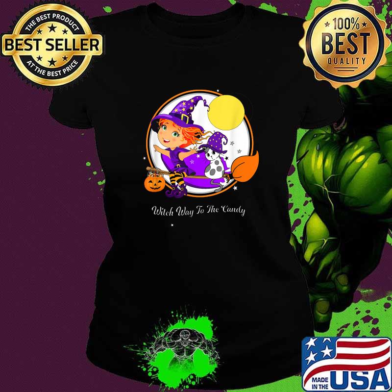 Witch Way To The Candy And Cat Magic Broomstick Trick or Treating T-Shirt Ladies tee Witch Way To The Candy And Cat Magic Broomstick Trick or Treating T-Shirt Ladies tee