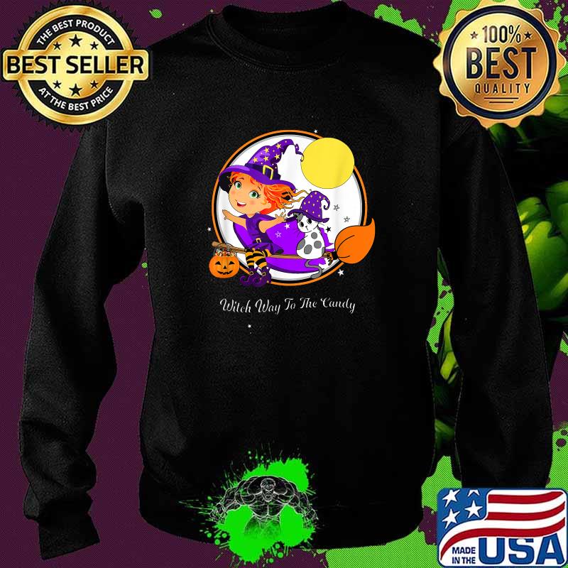 Witch Way To The Candy And Cat Magic Broomstick Trick or Treating T-Shirt Sweater Witch Way To The Candy And Cat Magic Broomstick Trick or Treating T-Shirt Sweater