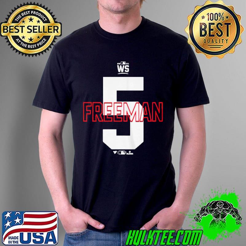 ATLANTA BRAVES FREDDIE FREEMAN FANATICS BRANDED NAVY 2021 WORLD SERIES BOUND BIG SHIRT Unisex ATLANTA BRAVES FREDDIE FREEMAN FANATICS BRANDED NAVY 2021 WORLD SERIES BOUND BIG SHIRT Unisex