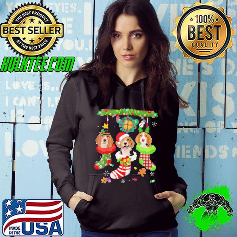 BEAGLE IN SOCKS CHRISTMAS SANTA HAT XMAS LIGHTS DOG LOVERS T-SHIRT