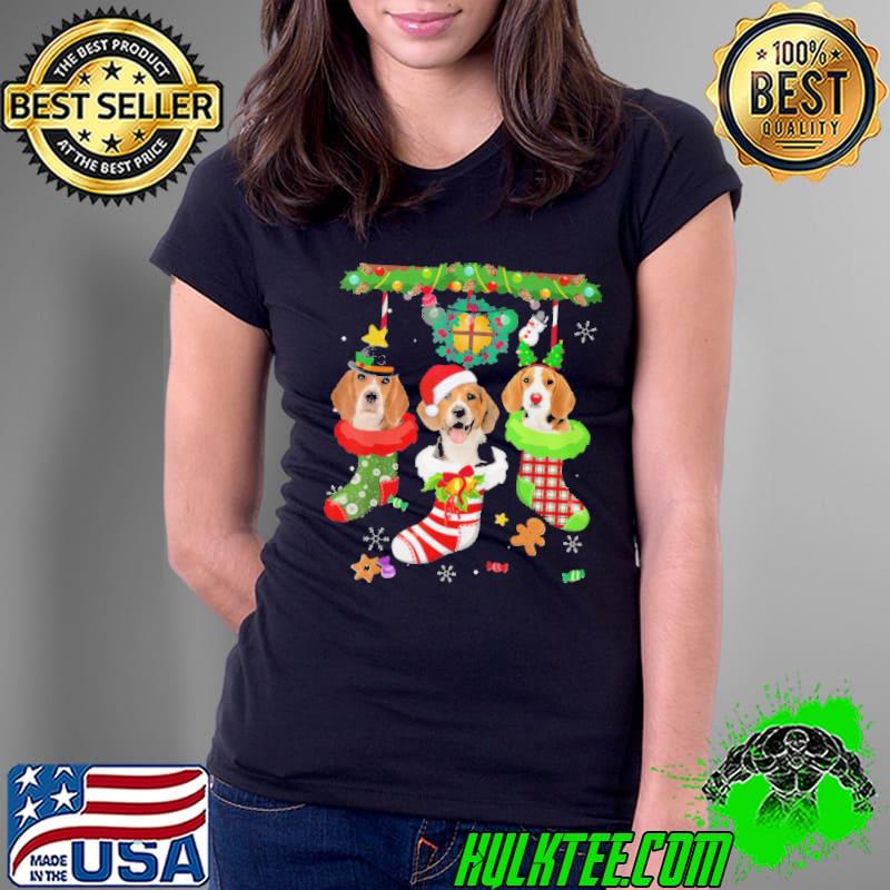 BEAGLE IN SOCKS CHRISTMAS SANTA HAT XMAS LIGHTS DOG LOVERS T-SHIRT Ladies Tee BEAGLE IN SOCKS CHRISTMAS SANTA HAT XMAS LIGHTS DOG LOVERS T-SHIRT Ladies Tee