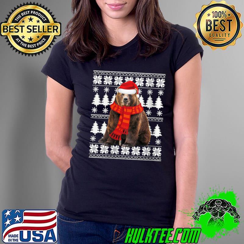 Bear Santa Hat Scarf Bear Lovers Ugly Christmas Sweater T-Shirt Ladies Tee Bear Santa Hat Scarf Bear Lovers Ugly Christmas Sweater T-Shirt Ladies Tee