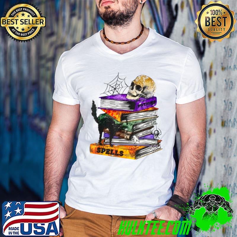 Books Skull With Black Cat Funny Halloween For Books Lover T-Shirt Guys V Neck Books Skull With Black Cat Funny Halloween For Books Lover T-Shirt Guys V Neck