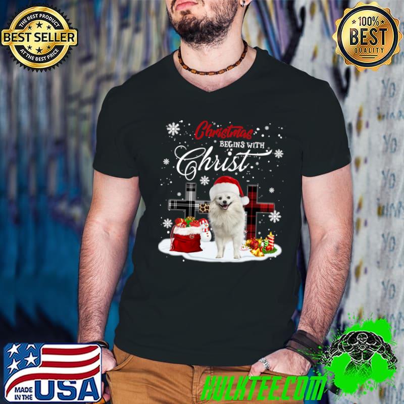 Christmas Begins With Christ American Eskimo Dog Xmas Cross T-shirt