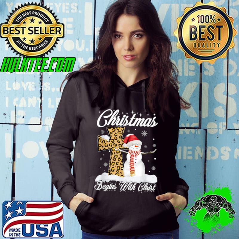 Christmas Begins With Christ Merry Xmas Leopard Snowman Shirt