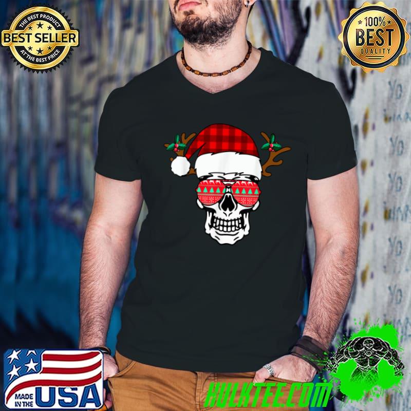 Christmas Skull Funny Santa Claus Buffalo Plaid T Shirt Guys V Neck Christmas Skull Funny Santa Claus Buffalo Plaid T Shirt Guys V Neck