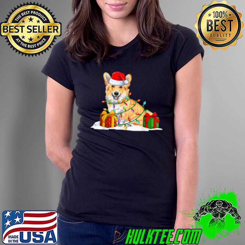 Corgi Santa Christmas Tree Lights Xmas Pajama Pet Dogs T Shirt Ladies Tee Corgi Santa Christmas Tree Lights Xmas Pajama Pet Dogs T Shirt Ladies Tee