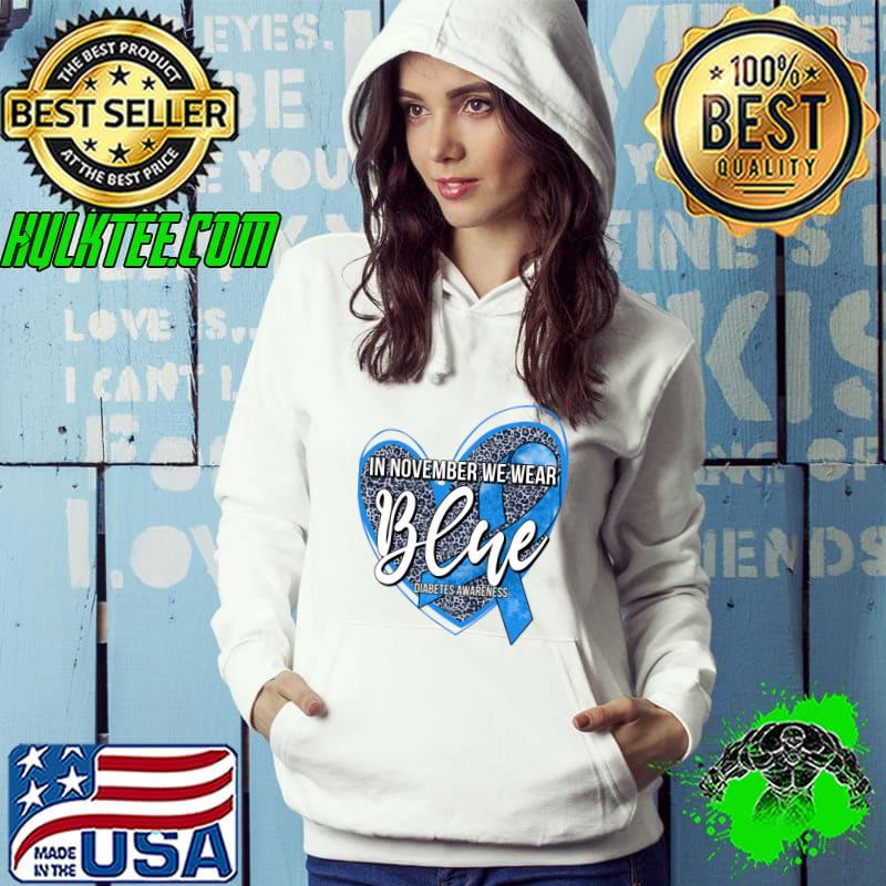 Diabetes In November We Wear Blue Ribbon Leopard Heart T-shirt