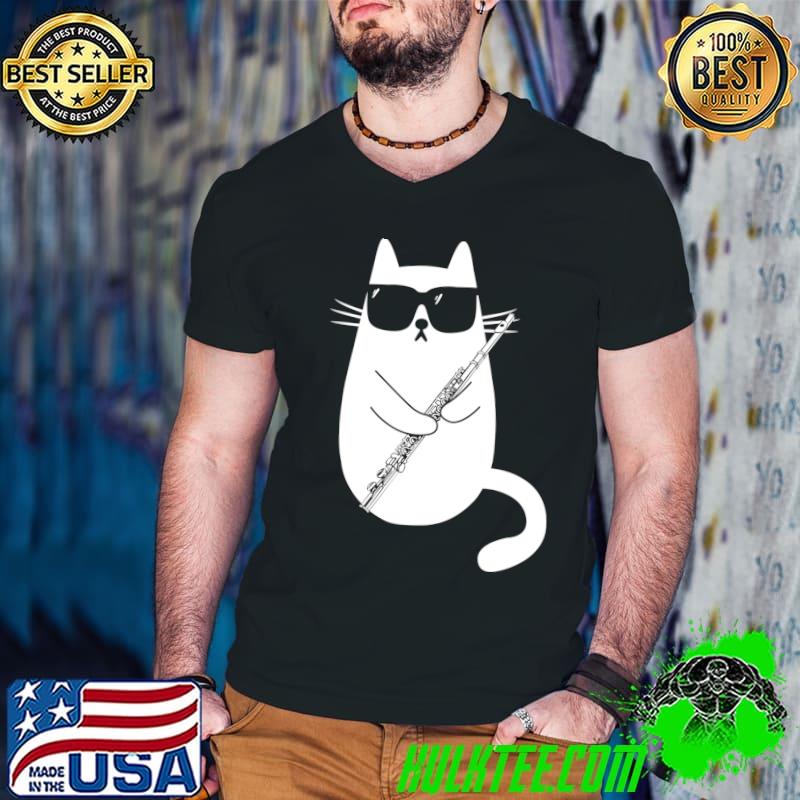 Funny Cat Wearing Sunglasses Playing Flute Musician T-shirt