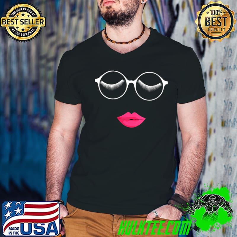 Geeky Chick Girl Glasses with Long Eyelashes and Pink Lips T-Shirt Guys V Neck Geeky Chick Girl Glasses with Long Eyelashes and Pink Lips T-Shirt Guys V Neck