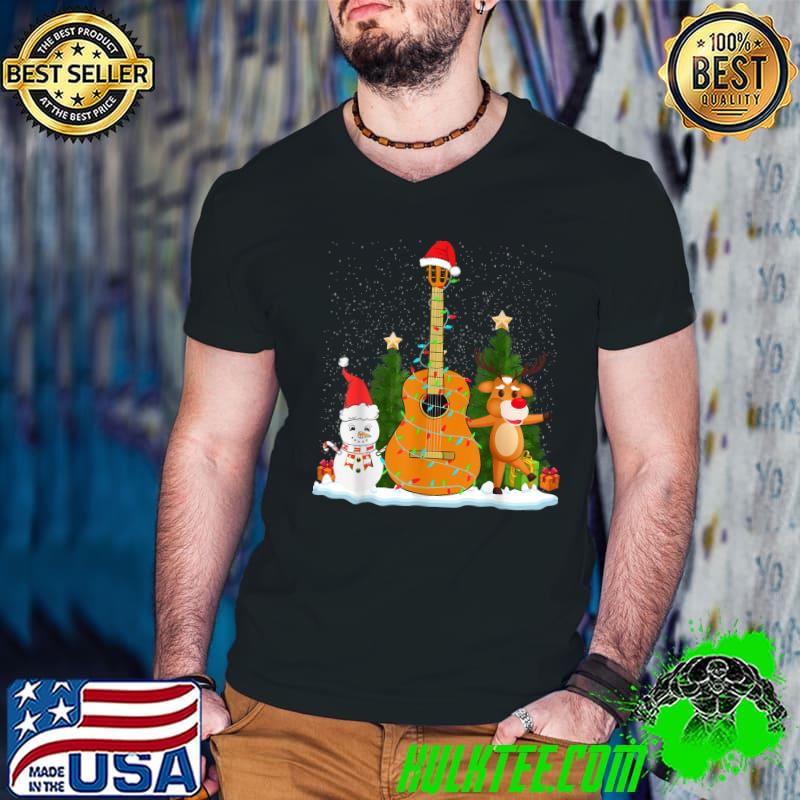 Guitar Christmas Lights Reindeer Snowman Family Matching T-Shirt