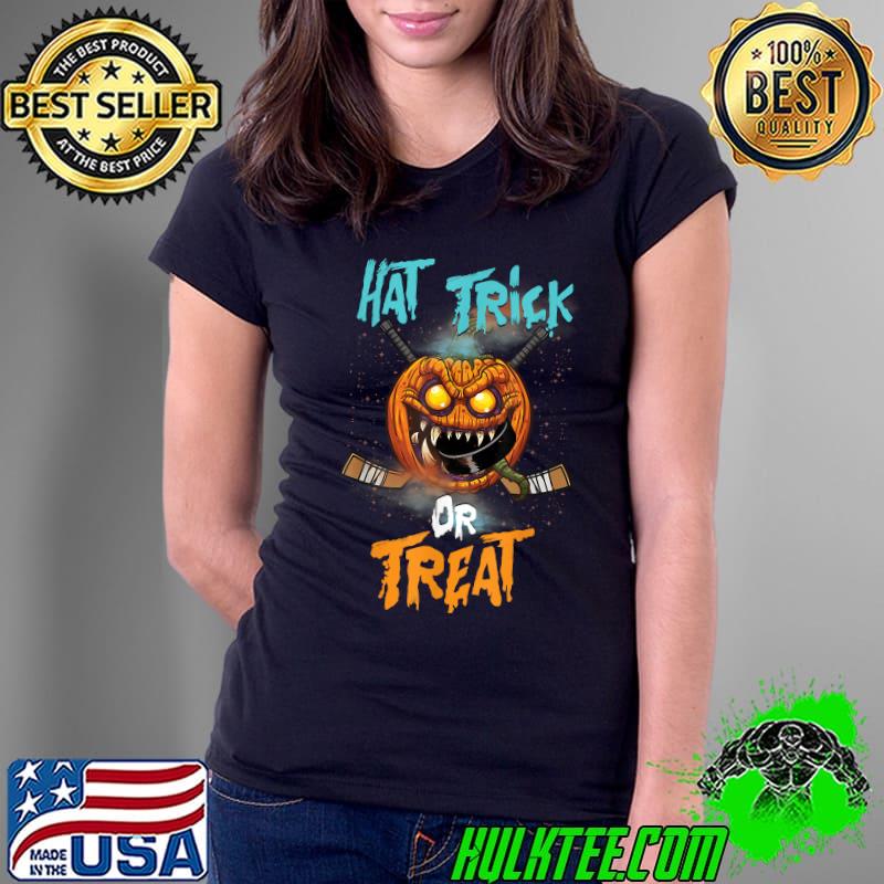 Halloween Hockey Hat Trick Or Treat Hockey Puck T-Shirt Ladies Tee Halloween Hockey Hat Trick Or Treat Hockey Puck T-Shirt Ladies Tee