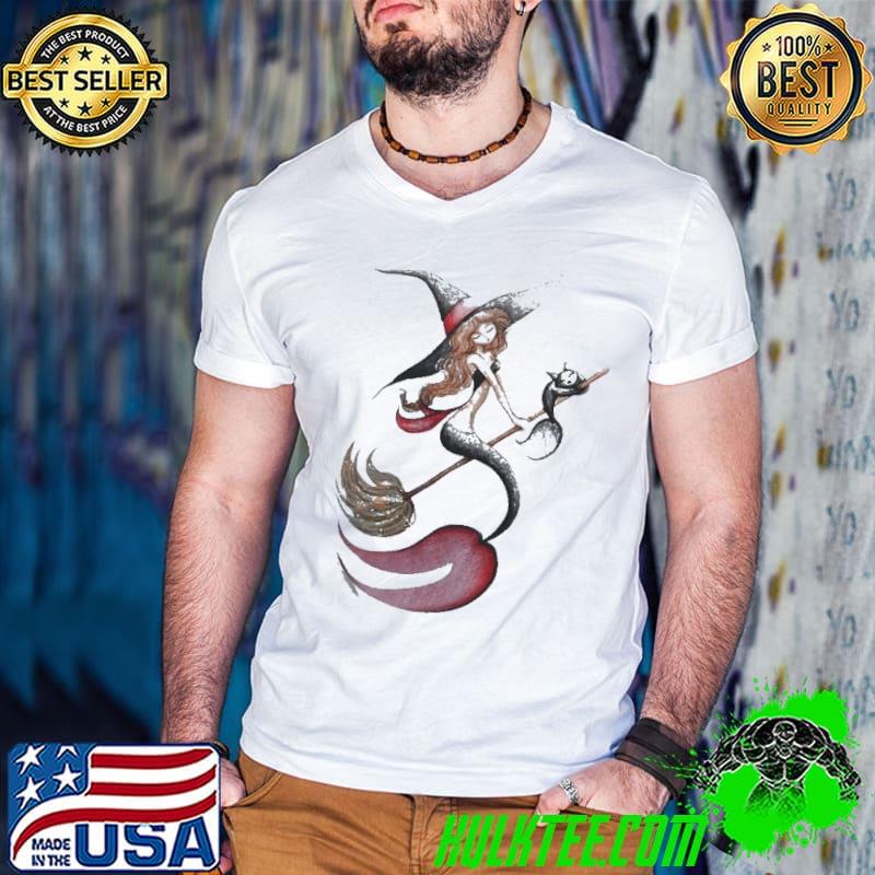 Halloween witch mermaid is riding a broom with her cat s Guys V Neck Halloween witch mermaid is riding a broom with her cat s Guys V Neck