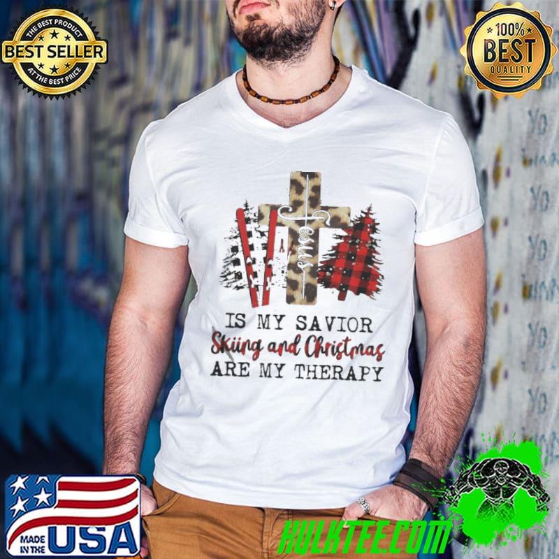 Jesus Is My Savior Skiing And Christmas Are My Therapy Leopard Red Plaid Shirt