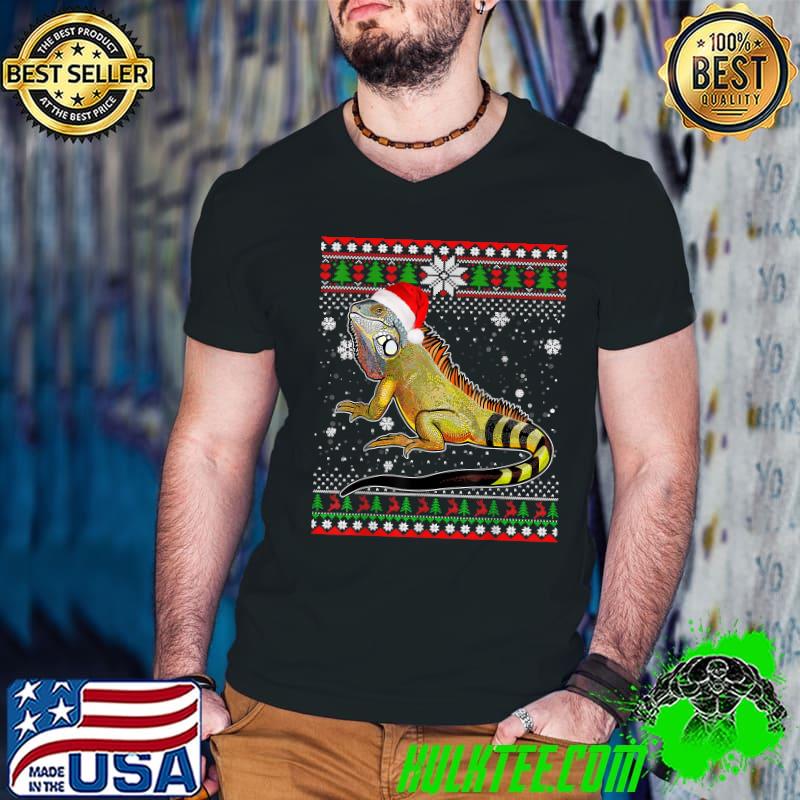 Merry Christmas Iguana Hat Santa Lover In Snow Ugly Sweater T-Shirt