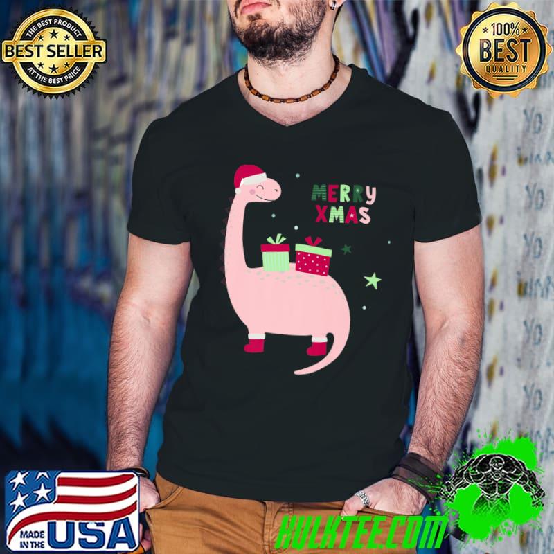 Pink Christmas Dinosaur Girl Merry Xmas Santa Hat Kids Premium T-Shirt