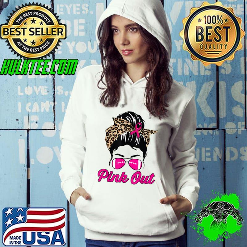 Pink Out Football Mom Leopard Messy Bun Pink Breast Cancer T-Shirt