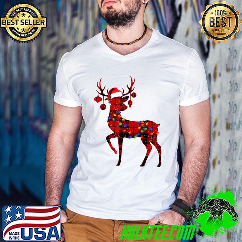 Red Plaid Deer Christmas Lights Pajamas Adult Kids T-Shirt