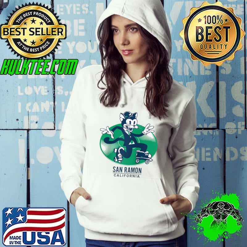 Retro Cat in a Suit Roller-Skating on a Record - San Ramon Raglan Baseball T-shirt