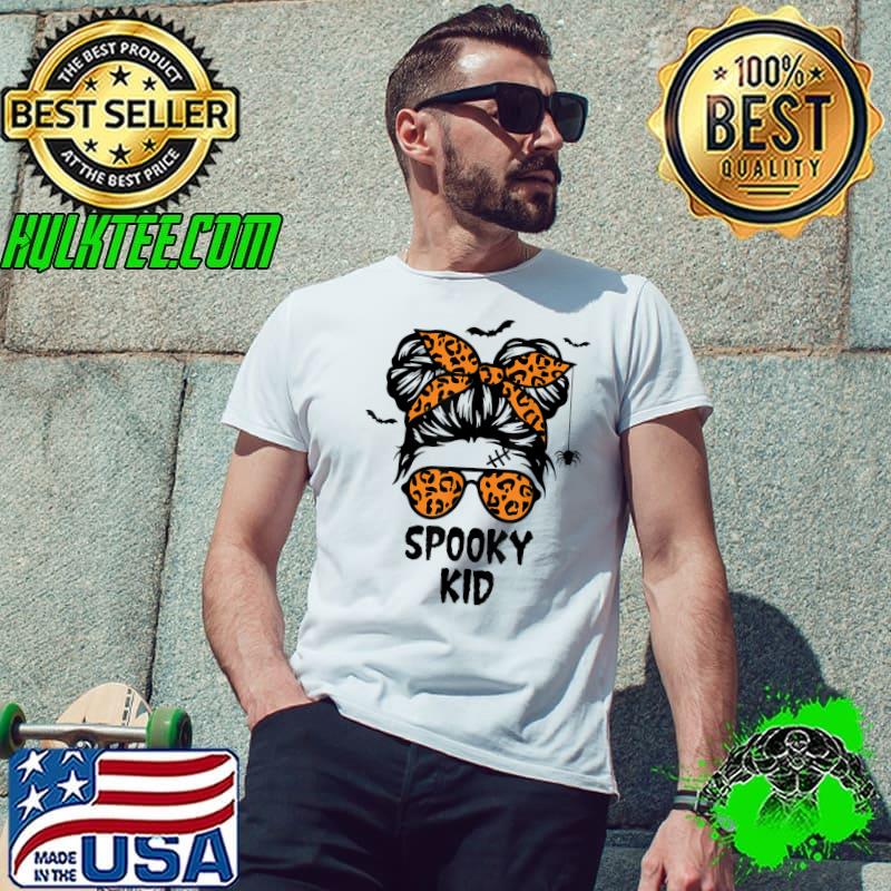 Spooky Kid Halloween Shirt for Girls Youth Messy Bun Leopard T-Shirt