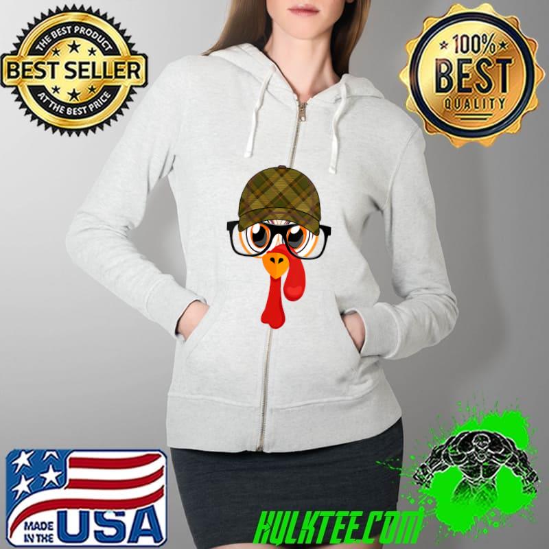 Thanksgiving Cartoon Little Turkey Face Tartan Cap & Glasses T-Shirt Full Zip Hooded Thanksgiving Cartoon Little Turkey Face Tartan Cap & Glasses T-Shirt Full Zip Hooded