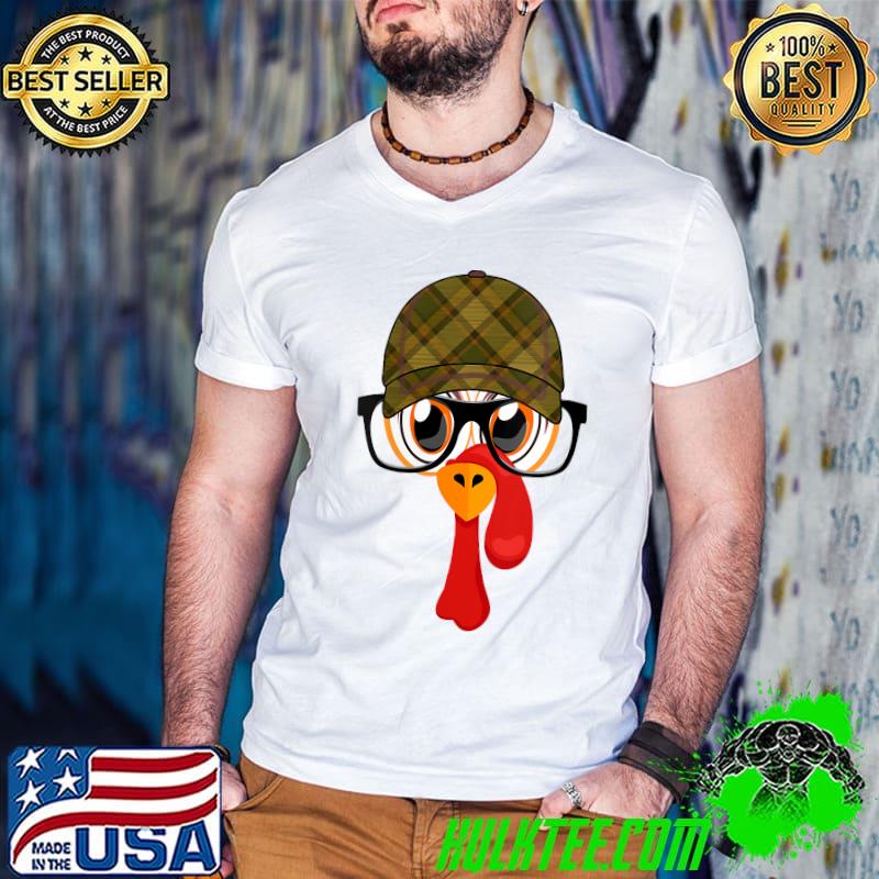Thanksgiving Cartoon Little Turkey Face Tartan Cap & Glasses T-Shirt Guys V Neck Thanksgiving Cartoon Little Turkey Face Tartan Cap & Glasses T-Shirt Guys V Neck